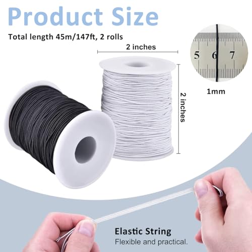 Image of HASTHIP 2 Rolls Elastic Thread for Bracelet, Bracelet String Elastic, Breading Cord Elastic for Bracelets Making, 131ft 1mm Black & White Elastic String for Bracelets, Jewelry Making, DIY Crafts