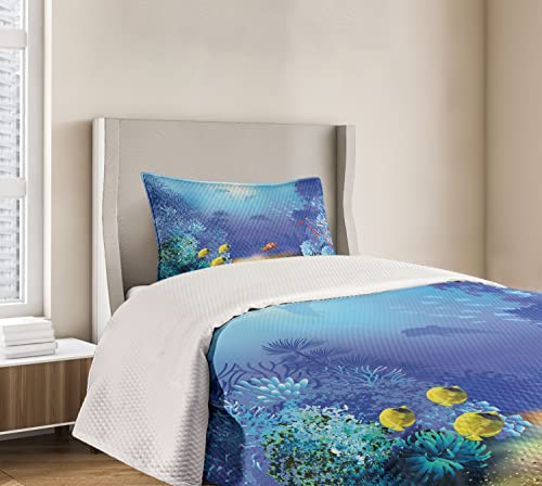 Colcha de diseño océano profundo acolchada con elegantes acabados de peces de oro y algas 7