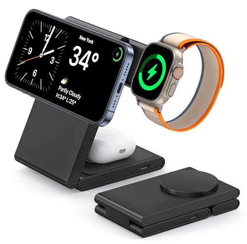 3 in 1 Wireless Charging Station for Multiple Devices, Fast Foldable Travel Mag-Safe Stand for iPhone 15 14 13 12 Pro Max/Plus/Pro/Mini, Magnetic Charger for Apple Watch/AirPods Pro with 20W Adapter