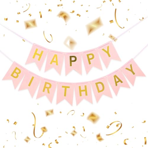 Image of Pink Happy Birthday Banner - 16 ft Pre-Strung Gold & Pink Birthday Party Decorations Sign for Girls, Boys, Kids, Women - No DIY Hanging Backdrop for Indoor & Outdoor Celebrations