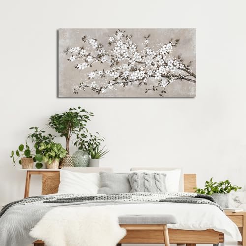 Image of VEAEE White Blossom Branches Wall Art, Floral Canvas Prints, Living Room Decor Abstract Flowers Painting Canvas Pictues, Contemporary Artwork Bedroom Office Kitchen Wall Decor Ready to Hang 20 inchx40 inch