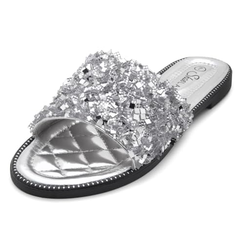 Shoe Land Joli Women's Flat Sandals, Fashion Sparkly Slides, Open Toe Rhinestone Slippers, Glitter Bling Casual Sandals with Cushioned Footbed for Summer, Daily Wear, and Party, SilverSQ, Size 8.0