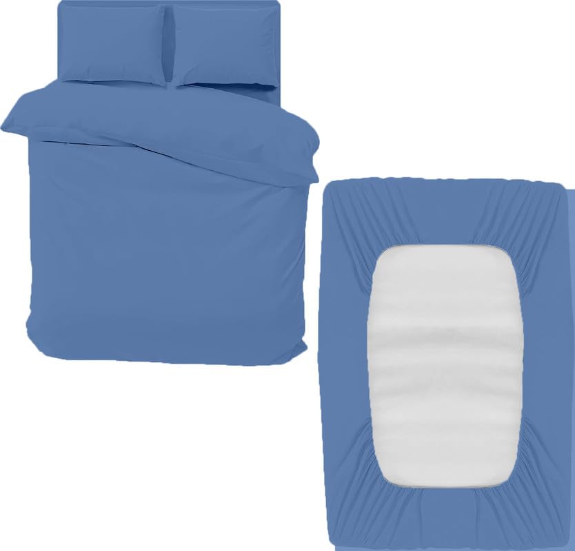 DTEX HOMES 4 Piece Microfiber Duvet Cover Sets - king size duvet cover sets Includes 1 Duvet Cover, 1 Fitted Sheet and 2 Pillowcases, Ideal Bed Sets for a Cozy and Comfortable Sleep (Mid Blue-King)