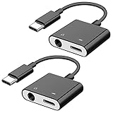 JacobsParts 2pcs USB-C Type C to 3.5mm 1/8' Aux Audio Headphone Adapter with Charging Passthrough Active DAC Digital to Analog Converter (Black)