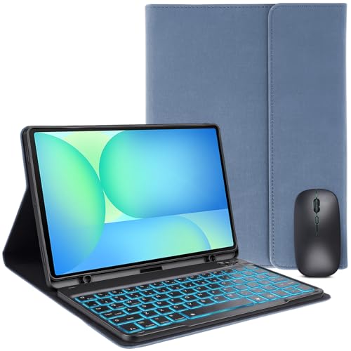 ROKEYBOR for Galaxy Tab S10 FE Case with Keyboard & Galaxy Tab S10 Lite 10.9inch,Mouse and 7 Color Rainbow Backlight Magnetic Keyboard,Folio Cover with Pencil Holder for Galaxy S9 FE/S9/S8,Light Blue
