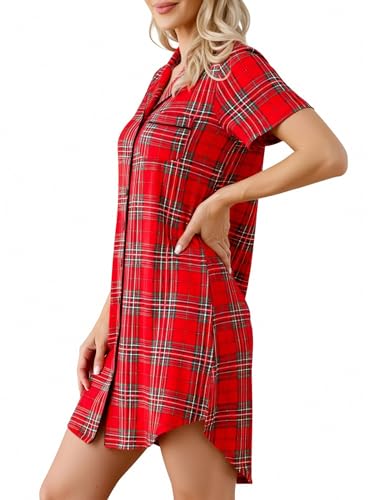 Image of Samring Pajama Nightgown for Women Short Sleeve Button Down Boyfriend Night Gown Nightdress Sleep Shirts