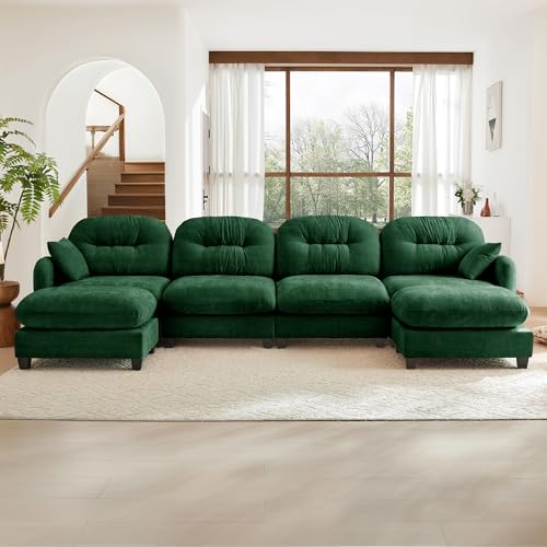 Image of KEIKI 140 inch U-Shaped Oversized Chenille Modular Sectional Sofa with 2 Ottoman, High-Density Foam Cushions, Tufted Pleated Cushion Backrest, Modern 4-Seater Couch with 2 Pillow, for Living Room, Green