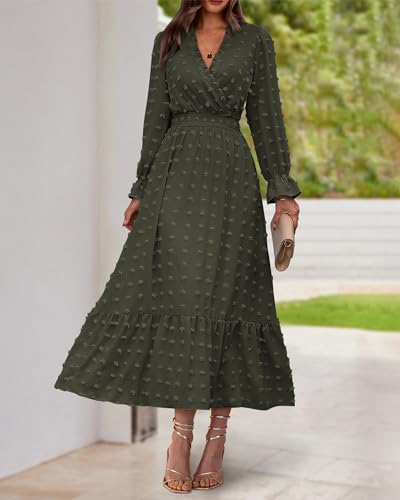 BTFBM Women Fall Maxi Dresses 2025 Long Sleeve V Neck Swiss Dots High Waisted A-Line Ruffle Boho Long Dress Vacation2