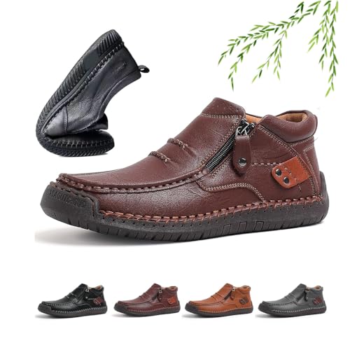 The First Young Shoes Men,Hillde Shoes with Side Zipper for Men, Men's Leather Handmade Platform Shoes Ankle Chukka Boots Slip on Loafers for Hiking Driving Moccasin Shoe