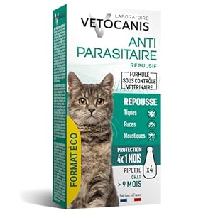 Vetocanis | Pipettes Anti-Puces Chat > 9 Mois Pack Eco x4 | Repousse les Puces, les Tiques et les Moustiques | Antiparasitaire Efficace 4 Mois | Traitement à Usage Vétérinaire pour Chat Toutes Races