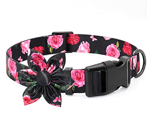 Fancy Black Dog Collar Floral Female Dog Collar With Flower Bowtie Dog Collar For Girl Female Cats Dogs Spring Summer Season Dog Collars For Small Medium Large Dogs for Your Furbaby