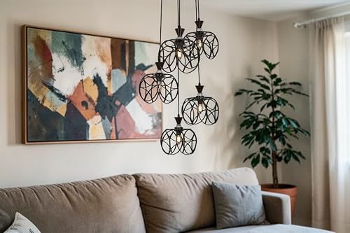 Image of Modern Multi-Light Pendant Lamp for Living Room & Dining Area | Designer Cluster Hanging Ceiling Light with Metal Frame | Decorative Ambient Lighting for Home, Cafe & Staircase | E27 Holder
