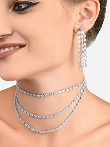 Image of ZAVERI PEARLS Silver Tone Marquise Cubic Zirconia Layered Necklace Earring & Bracelet Set For Women-ZPFK12586