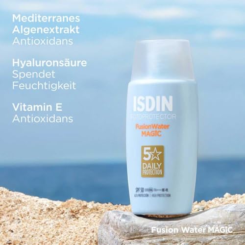 Image of ISDIN Fotoprotector Fusion Water Magic SPF 50 - Ultralight Water-Phase Daily Facial Sunscreen - High UV Protection, Intense Hydration with Hyaluronic Acid - Oil-Free, Non-Comedogenic Sunblock - 50ml