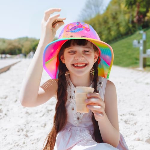 Girls Sun Hat for Kids UV Protection Unicorn Summer Hat Beach Play Hats Wide Brim Neck Flap for Girls Ponytail Hat 2-9 Years2
