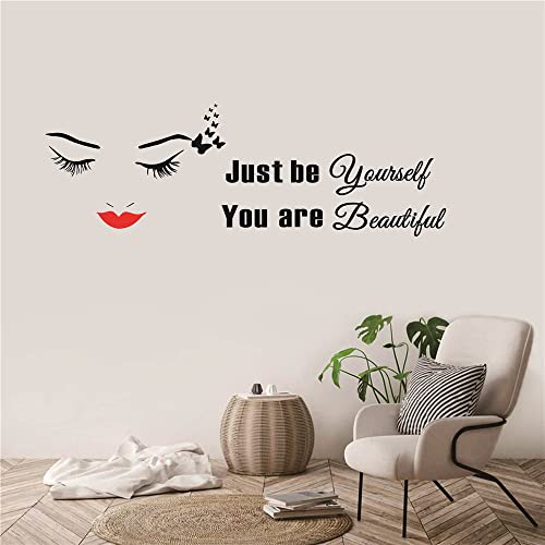 Uilmniy Beauty Salon Butterflies Eyes Eyelashes Wall Decor Sticker Red Lips Make Up Store Decor Just Be Yourself You Are Beautiful Motivation Quote Bedroom Living Room Wall Decoration Mural Afn46 #TOP4