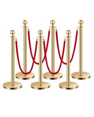 VEVOR Stanchions and Velvet Ropes 6Pcs, Hollow Base with Stainless Steel Post, 4 Red Velvet Ropes and Posts, Crowd Control Barriers Gold Stanchions, Red Carpet Runner Poles for Party Supplies