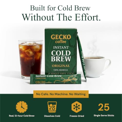 Image of Gecko Coffee Instant Cold Brew, 100% Arabica Medium-Dark Roast, Craft Coffee Single Packets, Sugar-Free, Smooth & Rich Iced, Hot or Cold, Eco-Friendly, Espresso Cold Brew, Coffee Sticks (25 Count)