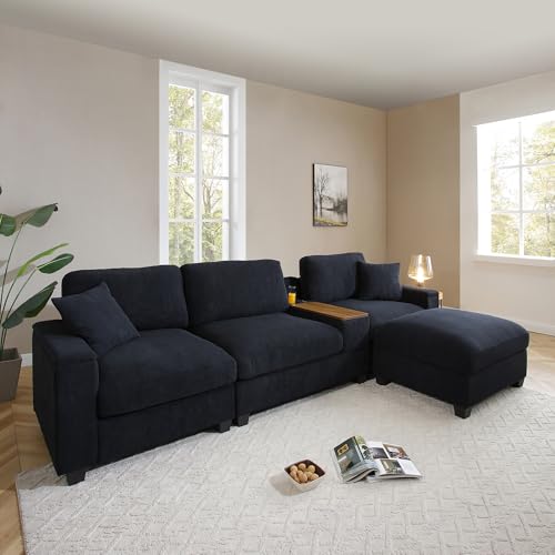 Image of 120.3" Modular Sectional Sofa with Ottomans, Modern Linen L Shaped Couch with Charging Station and Cup Holders, 360° Rotating Folding Table with Sectional Couches for Living Room (Black, 120.3)