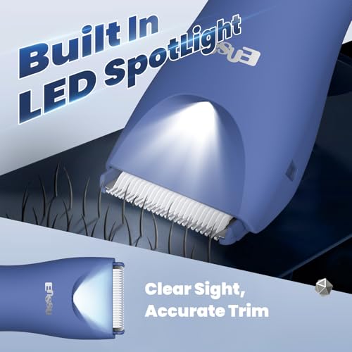 ENSSU Aparador de pelos corporais masculino – Aparador Meridiano à prova d'água com luz LED, motor rápido de 6000 RPM, 5 configurações de comprimento, IPX7 para púbico, peito e bolas (Azul) - Imagem 4