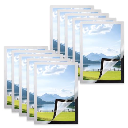 10pcs A4 Magnetic Sign Holders, Self Adhesive Magnetic Display Frames, Waterproof Frame Holder Clear Sign Holder for Paintings Photos Notices Certificate Poster Advertisements (Silver)