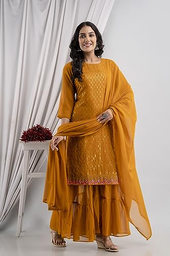 Image of RATNAVALI Women's Georgette Sharara Suit for Women | Embroidery Work Kurta with Sharara | Readymade Sharara Suits for Women