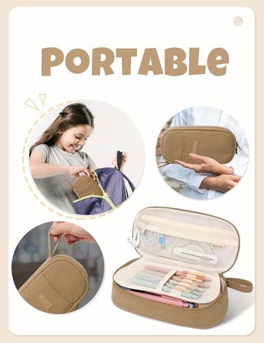 Image of SUNEE Cute Pencil Case, Large Pencil Pouch, Soft Corduroy Fabric Big Pencil Bag with Zipper, Kawaii Pen Bag Stationery Storage and Organizer, School Supplies for Teen, Student, Boys, Girls, Khaki