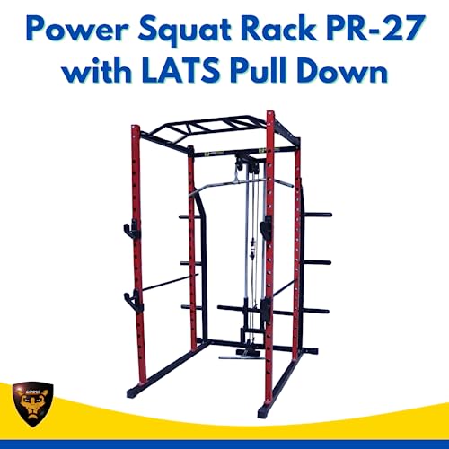 Image of Gamma Fitness Steel Power Squat Rack PR-27 with LATS Pull Down, Rowing Land Mine, Multi-Step Chinning for Home Gym Or Commercial Gym Purpose (Red, Black)