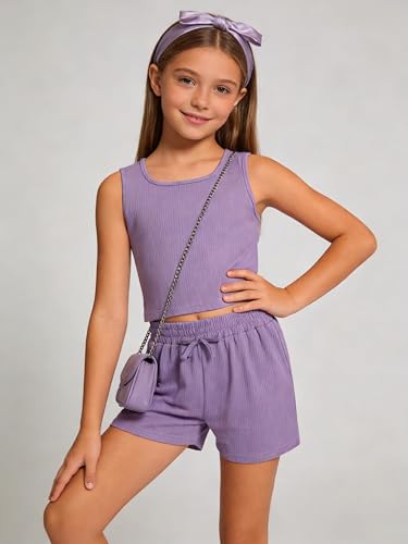 Image of Cakaner Tween Girls 2 Piece Outfit Set Summer Tank Top and Elastic Waist Shorts with Belt Size 7-14