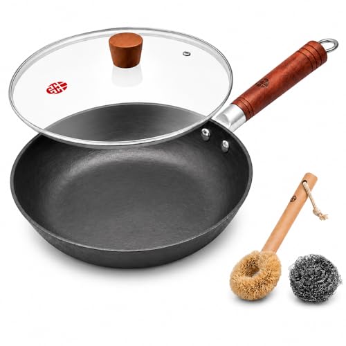 Image of WANGYUANJI 10.2-Inch Cast Iron Skillet with Glass Lid, Uncoated Frying Pan with Flat Bottom for Induction, Gas & Electric Stovetops, Small Egg Pan for Breakfast, Steak & Sauteing