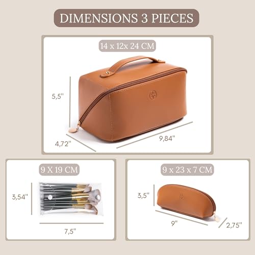 Travel Makeup Bag Waterproof Open Flat with Compartments, Large & Small Makeup Bag Organizer, PU Leather Toiletry Bag for Women, Cosmetic Bag, Make up Case Pouch, Make up Bags (3 Pieces Set)2