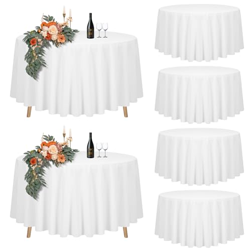 Teruntrue Lot de 6 Nappe Ronde Blanche Tissu de 228cm, Imperméable et Lavable Nappes pour Tables Ø90-180 cm,Grande Nappe Ronde en Polyester pour Fête...