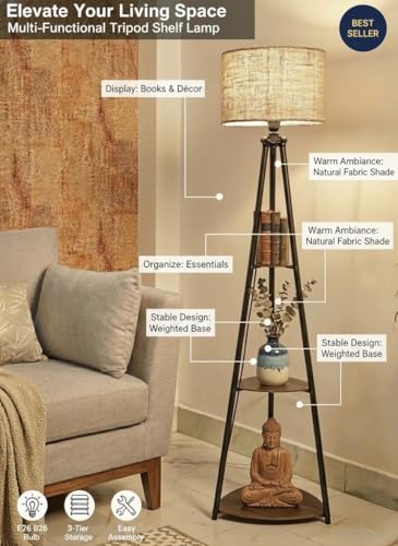 Image of Premium Tripod Floor Lamp with 3 Shelves, Brown Jute, Metal Corner Floor Lamp, for Decoration and Gifting