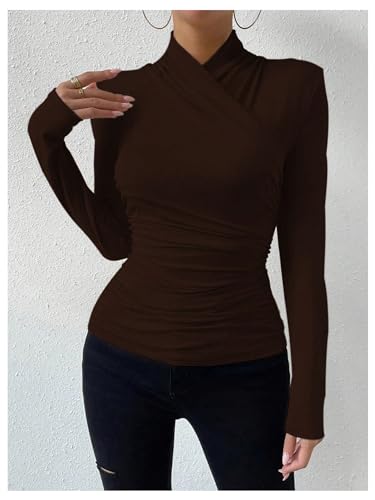 Image of SweatyRocks Women's Ruched Mock Neck Long Sleeve T Shirt Solid Slim Fitted Tee Tops