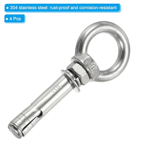 Image of PATIKIL Expansion Eye Bolt M8x60mm, 4 Pack 304 Stainless Steel Shoulder Anchors Eyebolt Screw with Eye Ring for Concrete Brick Walls Canopy Engineering Rigging Silver