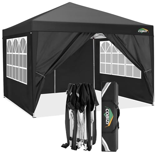 COBIZI Tonnelles de Jardin de 3x3m Tonnelles Pliante avec des côtés Tente instantanée Commerciale de chapiteau de Patio Tente résistante, entièrement imperméable(3x3m, Noir)