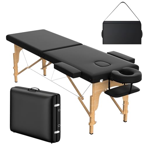 OmySalon Massage Table Portable Massage Bed 84 x 24 Salon SPA Tattoo Bed Lash Table Height Adjustable with Carrying Bag Face Cradle & Wooden Frame (Black 2-Fold)