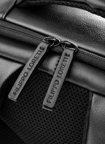 FILIPPO LORETI Mochila de viagem de couro com compartimento para laptop de 40,6 cm, bolsa de mão de designer de moda antifurto, funcional, durável com vários bolsos organizacionais, ecológica, preta