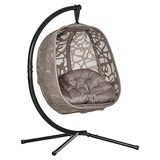 Outsunny Silla Colgante con Soporte de Acero Sillón Colgante Hamaca con Cesta Plegable y Cojines para Interiores y Exterior 126x96x172 cm Marrón