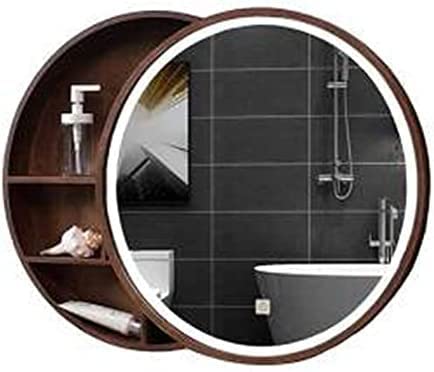 Armadietto Rotondo con Specchio Illuminato a LED per Bagno, Armadietto Portaoggetti a Parete Armadietto per Medicinali con Specchio, Specchio Scorrevole Portaoggetti in Legno a 3 Livelli, in