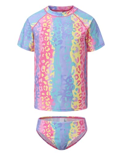 Image of Girls Two Piece Rash Guard Swimsuits Set Short Sleeve Bathing Suit for Kids Hawaiian Swimwear Set 3-16 Years