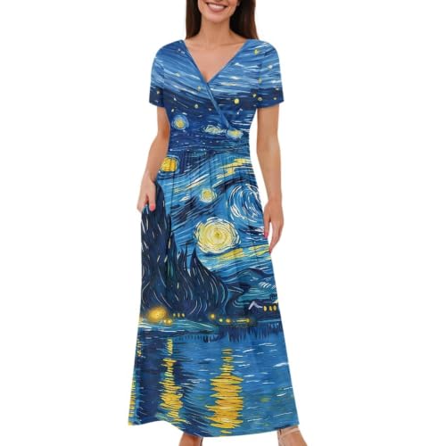 Image of Women's Fall Summer Short Sleeve Ankle Length V-Neck Party Dress with Pockets Size S-3XL