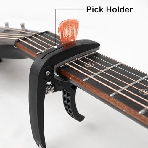 Image of Kadence CAP-HG3 Jamming Series Guitar Capo | Trigger Style with Bridge Pin Remover & Integrated Pick Holder | 3 Hostile-Grip Picks | Nylon Grade 6 | For Acoustic, Electric & Classical Guitar | Black