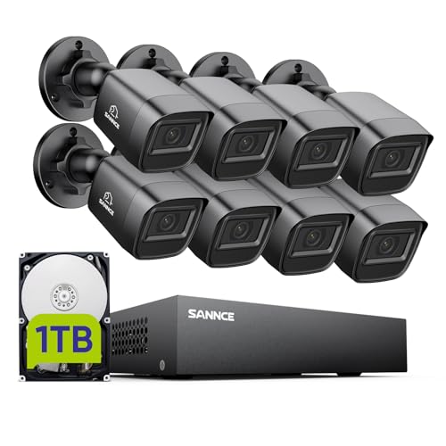 SANNCE Système de Caméra de Sécurité 8CH 1080P Enregistreur vidéo CCTV DVR 5 en 1 avec 8 Caméras Filaires avec Disque Dur de 1 to, Vision Nocturne de 100...
