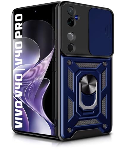 Image of WOW IMAGINE Tough Armor Bumper Mobile Back Case for Vivo V40 | V40 Pro 5G | T3 Ultra 5G | Sliding Camera Shield Cover | Shock Proof 360 Protection | Hybrid PC + TPU | Ring Holder with Stand - Blue