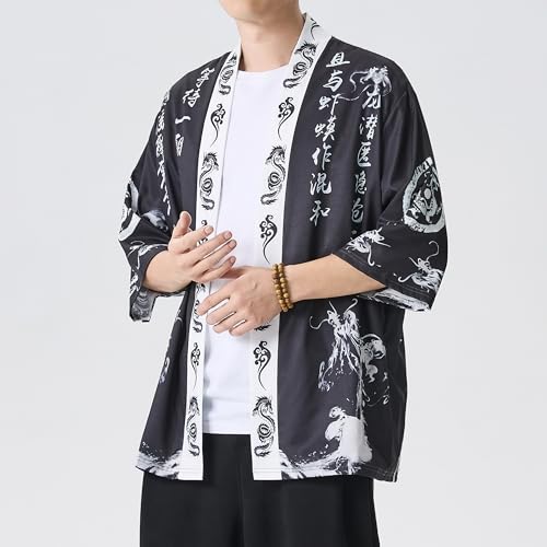 Image of PRIJOUHE Men's Lightweight Kimono Jacket Seven Sleeve Open Front Cardigan Coat Japanese Style Bathrobe