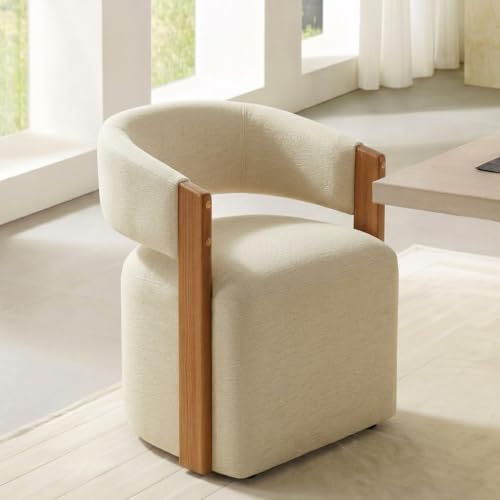Image of KISLOT Upholstered Dining Chairs Set of 1, Modern Wooden Arm Kitchen & Dining Room Chairs with Hidden Casters, Fabric Padded Rolling Chairs, Sturdy Wood Frame, 300 lbs Capacity, Sand