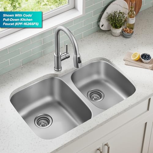 Image of KRAUS Premier 32-inch Undermount 60 /40 Double Bowl with Low Divider 18-Gauge Stainless Steel Kitchen Sink with Strainers (x2), KBU24