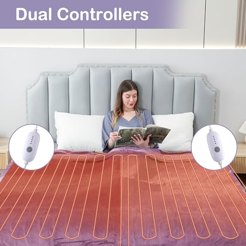 Electric Heated Blanket Queen Size 84"x90", Dual Controllers, Cozy Large Oversized, 5 Heating Levels & 10 Hours Auto Off, Cozy for Bed, Sofa, & Office, Machine Washable, Purple