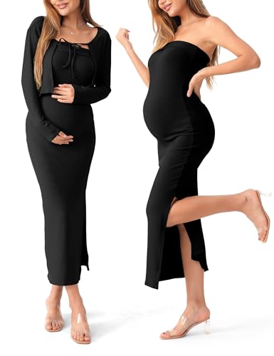 SUNNYBUY Baby Shower Maternity Tube Dress Short Cardigan Bodycon Ribbed Maxi Dress Casual 2 Piece Pregnancy Outfit Set